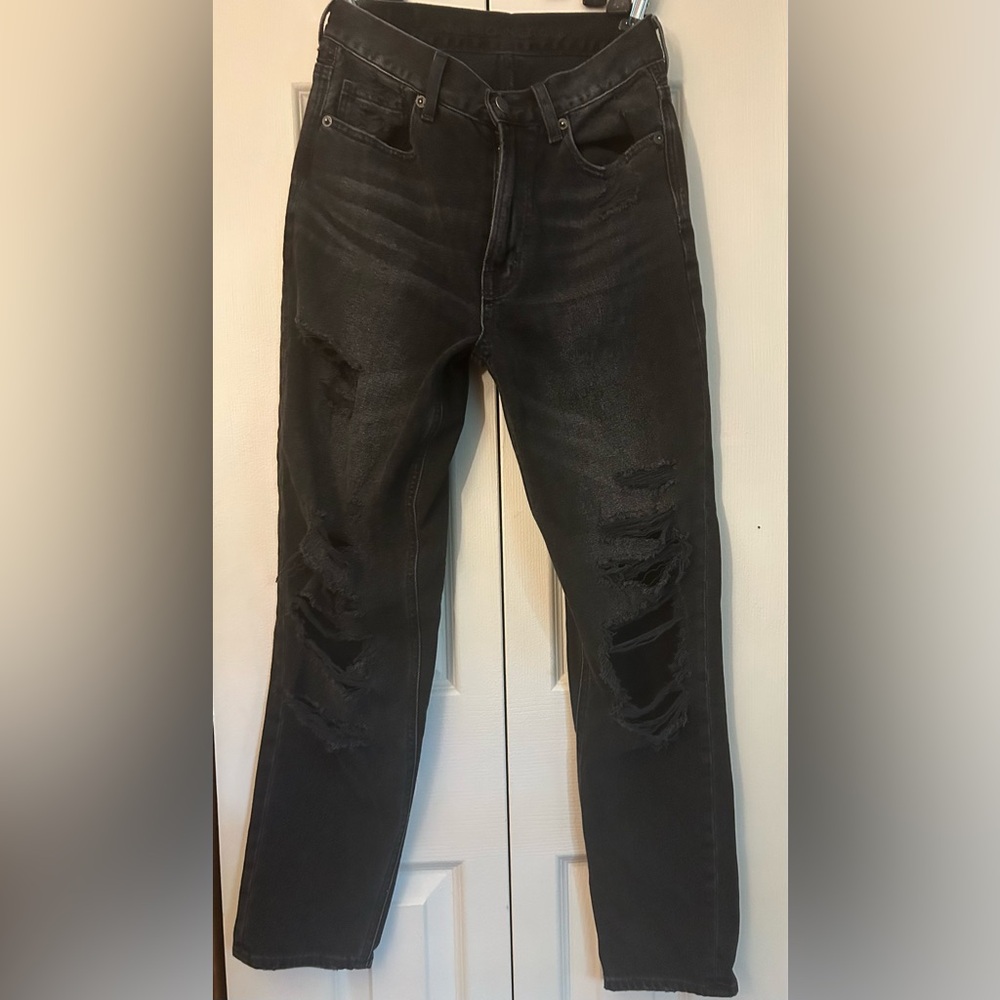 AE black wash destroyed mom jean